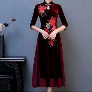 Elegant Burgundy Velvet Embroidered Floral Midi Dress
